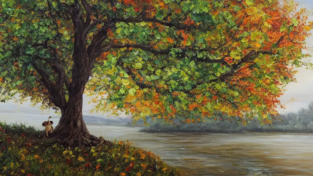 Prompt: A beautiful oil painting of a single tree, the tree is in the rule of thirds, a family is under the tree having a picnic, the kids are playing in the river and the dog is running through the river splashing the water, the fall has arrived and the leafs started to become golden and red, the river is flowing its way, the river has lots of dark grey rocks, oil painting by Greg Rutkowski