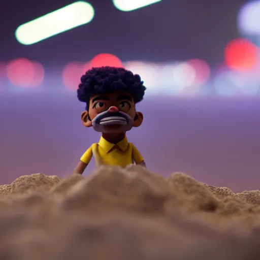 Image similar to a cinematic film still of a claymation stop motion film starring chance the rapper as a college student, shallow depth of field, 8 0 mm, f 1. 8