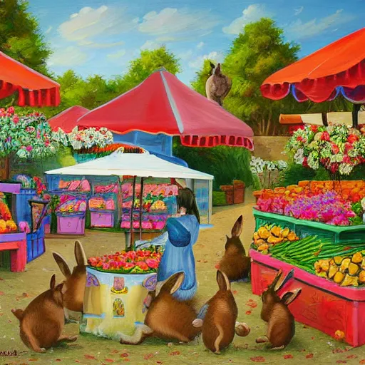 Prompt: outdoor market for bunnies, rennesaince painting hd