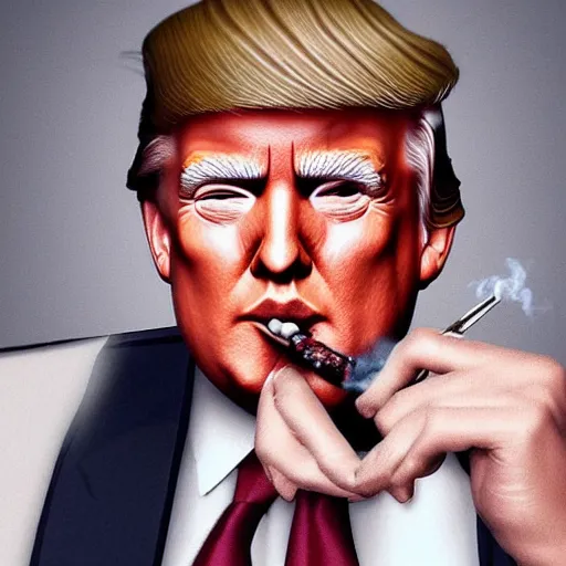 Image similar to a high quality photo of donald trump smoking a cigar, anatomically accurate eyes, 3d scene, render, ultra realistic, artstation, cgsociety