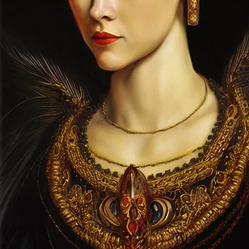 Prompt: portrait, headshot, digital painting, of Mother Ayahuascaa as a 17th century, beautiful female Royal, dark hair, amber jewels, baroque, ornate clothing, scifi, futuristic, realistic, hyperdetailed, chiaroscuro, concept art, art by caravaggio