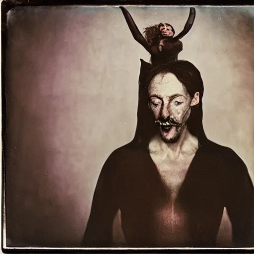 Prompt: 1 kodak portra 4 0 0, wetplate, photo of mephistopheles in the style of jan saudek, annie liebovitz, pieter bruegel the elder, joel peter witkin, gustave dore, heironymus bosch