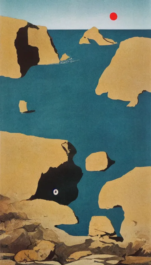 Prompt: a poster about Percé Rock, a rock with a hole in it in the sea, by Bauhaus and John Baldessari