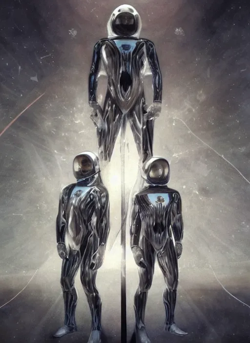 Image similar to symmetrical astronauts in dark and empty void underwater - complex and hyperdetailed technical suit. reflection and dispersion materials. rays and dispersion of light. volumetric light. 5 0 mm, f / 3 2. noise film photo. flash photography. ultra realistic, wide angle. poster by wayne barlowe, hajime sorayama aaron horkey, craig mullins