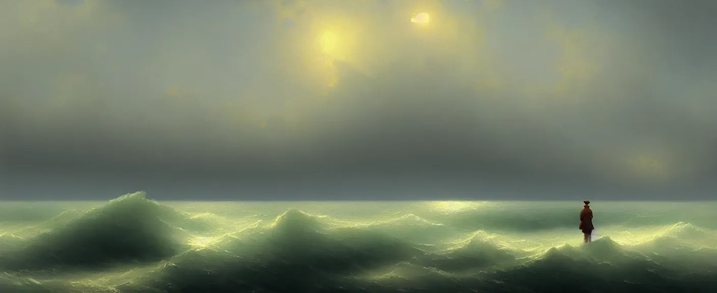 Image similar to a single lonely figure looks across the ocean in the style of ivan aivazovsky and mark ryden, ultra realistic digital painting, artstation, concept art, pop, smooth, sharp focus, illustration, dense detail