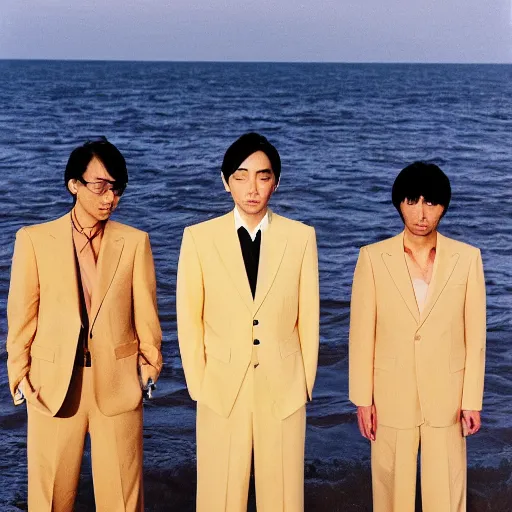 Image similar to three japanese men wearing beige suits and black pants standing in the ocean, sunset, night, wide shot, ((yellow magic orchestra)), ((tatsuro yamashita)), album cover, 1981, grammy award winning