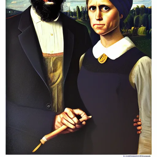 Image similar to Justin Trudeau with Jagmeet Singh in the american gothic painting, concept art, sharp focus, highly detailed digital painting by Gustave Corbet, artstation