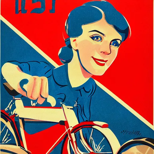 Image similar to portrait of young woman riding a bicycle in summer, soviet propaganda poster, hungarian flag in the background, colored, artgerm, highly detailed