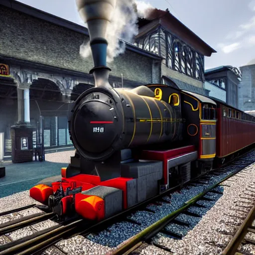 Image similar to a steam engine train at a station platform, highly detailed, photorealistic portrait, bright studio setting, studio lighting, crisp quality and light reflections, unreal engine 5 quality render