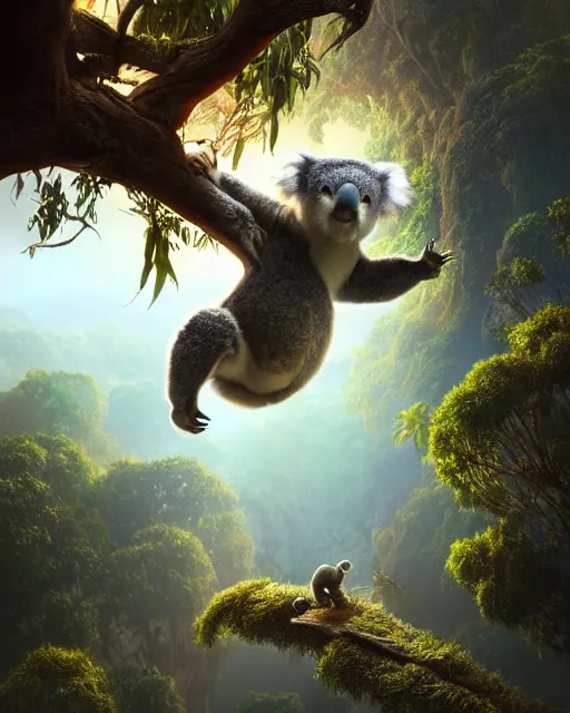 Prompt: movie still macro close photo of koala jumping from tree onto tourist, by weta disney pixar greg rutkowski wlop ilya kuvshinov rossdraws artgerm octane render iridescent, bright morning, liosh, mucha