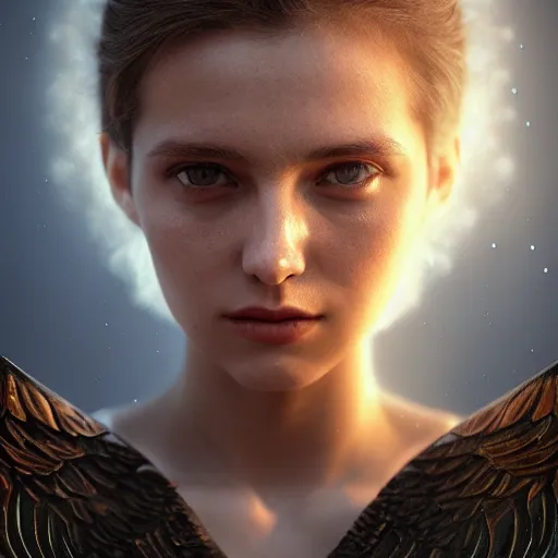Image similar to portrait art of female angel, art by alessio albi 8 k ultra realistic, angel wings, lens flare, atmosphere, glow, detailed, intricate, full of colour, led lighting, trending on artstation, 4 k, hyperrealistic, focused, extreme details, unreal engine 5, masterpiece