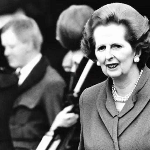 Image similar to Margaret Thatcher carrying a machine gun