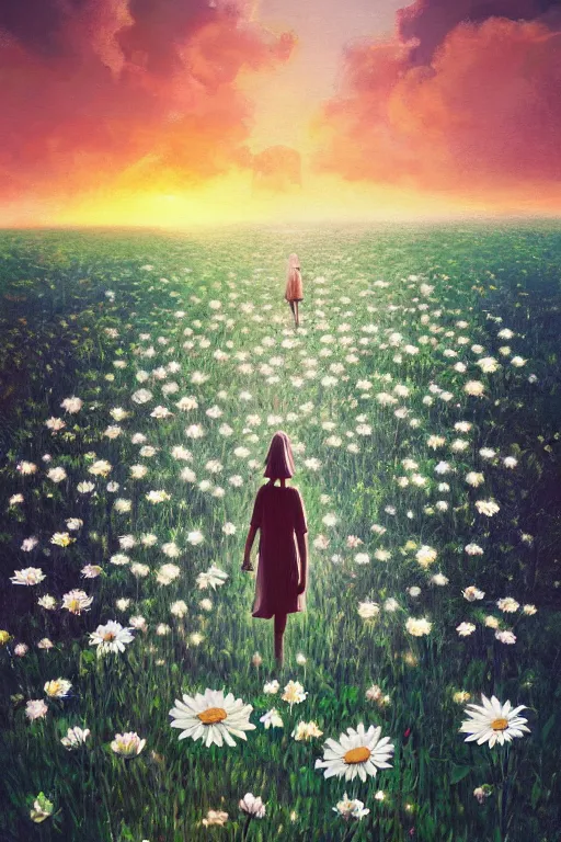 Image similar to giant white daisy flower as head, girl walking in a flower field, surreal photography, sunrise, dramatic light, impressionist painting, colorful clouds, digital painting, artstation, simon stalenhag