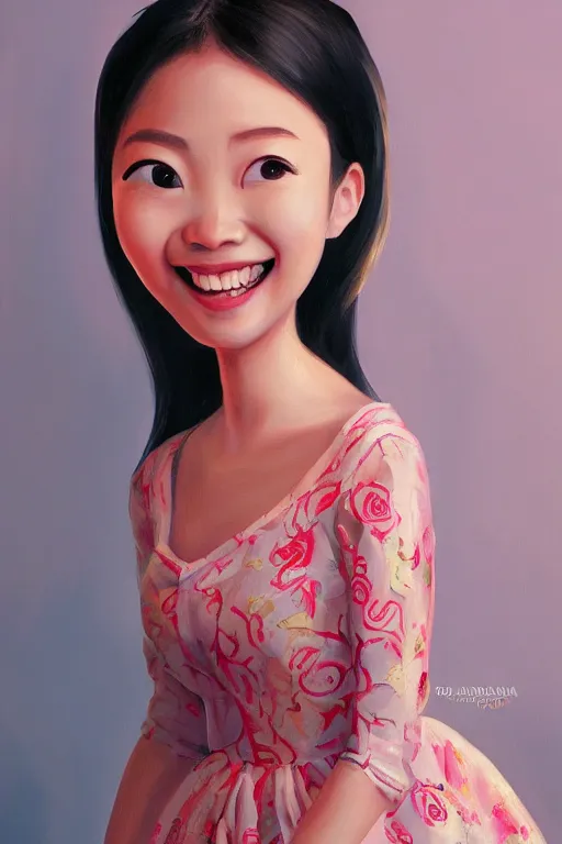 Prompt: a painting of cute Asian girl smiling, Gabbana dress, in the style of Pixar animation, low angle view, 16mm lens, award winning, hyper detailed, dramatic lighting, artstation, octane renderer, unreal engine