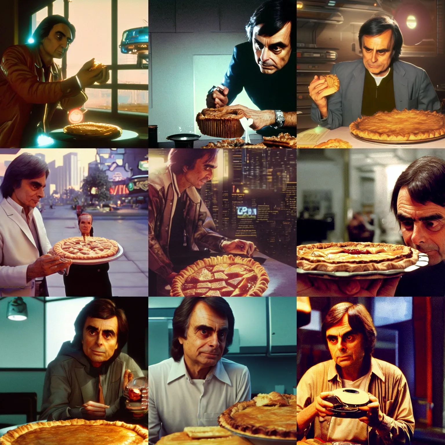 Prompt: carl sagan critically examining an apple pie in cyberpunk 2 0 7 7 3 8 4 0 x 2 1 6 0 cosmos