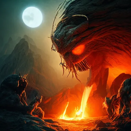 Prompt: dark fantasy, movie the lord of the rings, magical wizard battle with the balrog demon in fire filled caves, cinematic, octane render, art station, dramatic lighting, beautiful moonlight night, concept art, rococo, photorealistic, intense detail, 8 k