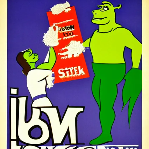 Image similar to 1 9 5 0 s style labor poster of shrek working as a retail worker