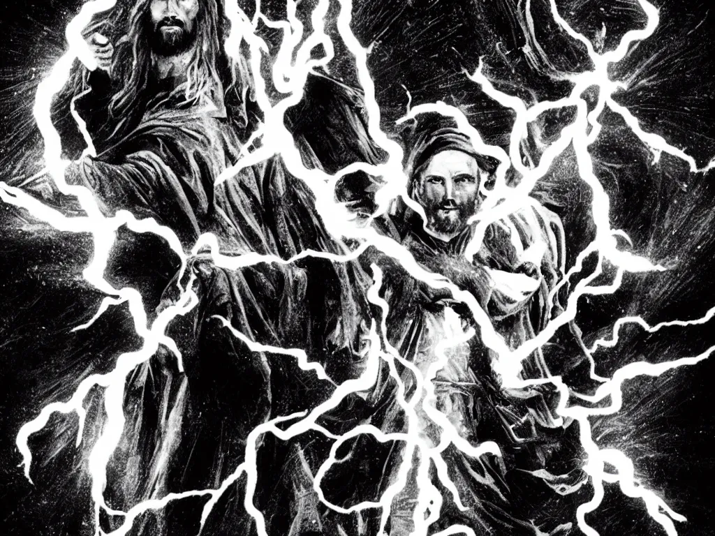 Prompt: jesus floating above the water shooting lightning out of his hands, sin city, full shot, graphic novel, symmetrical, frontal,