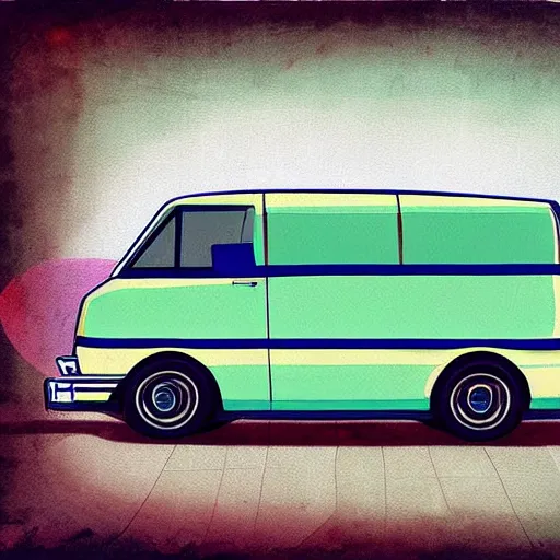 Image similar to retro painting illustration of a volswagen van, 2 d, pastel color, retro style art, trendy on artstation