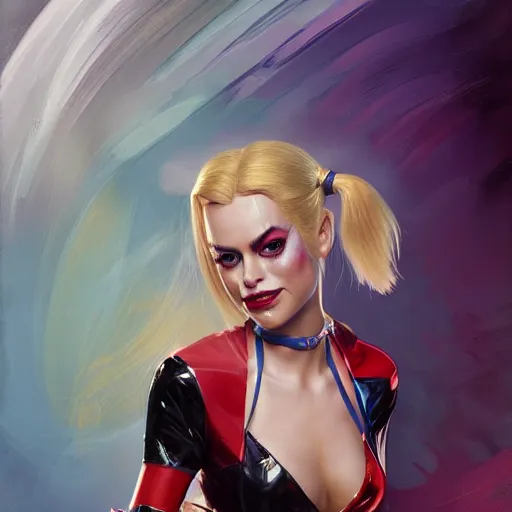 Image similar to Harley Quinn, young woman with blonde hair and two pigtails wearing a shiny latex top, face, fantasy, intricate, elegant, highly detailed, digital painting, artstation, concept art, smooth, sharp focus, illustration, art by Fernanda Suarez and Artem Demura and alphonse mucha