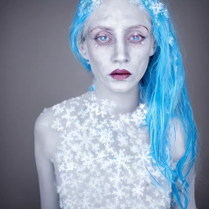 Image similar to a woman wearing a highneck dress made out of snowflakes. she is sickly looking and dying of hypothermia. very pale and blue lips. pale blue hair. full body digital portrait by maromi sagi