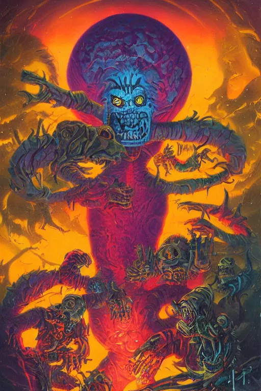 Image similar to horror mutants by jack vance, mike mignogna, lisa frank, paul lehr, highly detailed, vintage dark sci fi, oil painting
