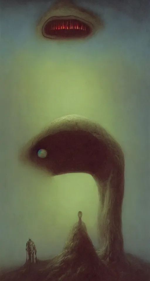 Image similar to Painting in a style of Beksinski featuring a giant alien crying. Pain and suffering in the background
