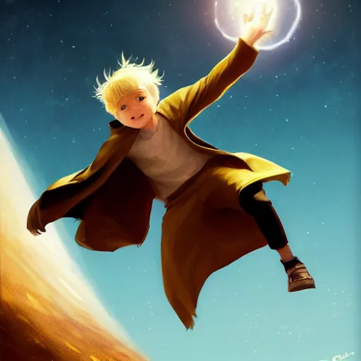 Image similar to blonde boy with bright golden eyes wearing a brown cape and flying in t pose, space background, greg rutkowski