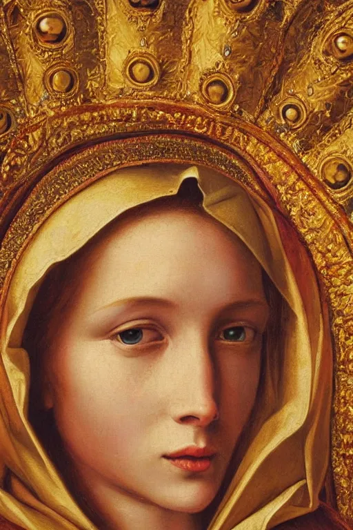 Prompt: hyperrealism close-up portrait of virgin mary with red skin, in golden crown, dark background, in style of classicism, hyper detailed