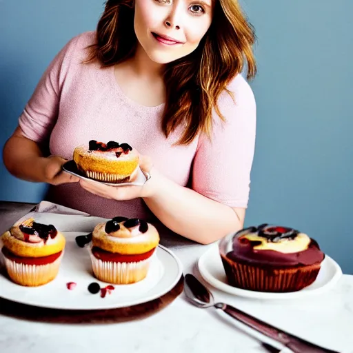 Prompt: Obese Elizabeth Olsen eating cake, XF IQ4, 150MP, 50mm, F1.4, ISO 200, 1/160s, natural light, Adobe Lightroom, photolab, Affinity Photo, PhotoDirector 365