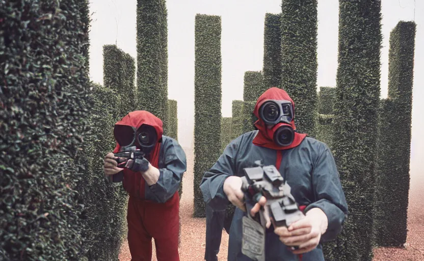 Image similar to cinestill 5 0 d photographic portrait by helen levitt of dark red hazmat scientists with guns walking through a brutalist hedge maze, extreme closeup, cinematic, modern cyberpunk, dust storm, 8 k, hd, high resolution, 3 5 mm, f / 3 2, tenet