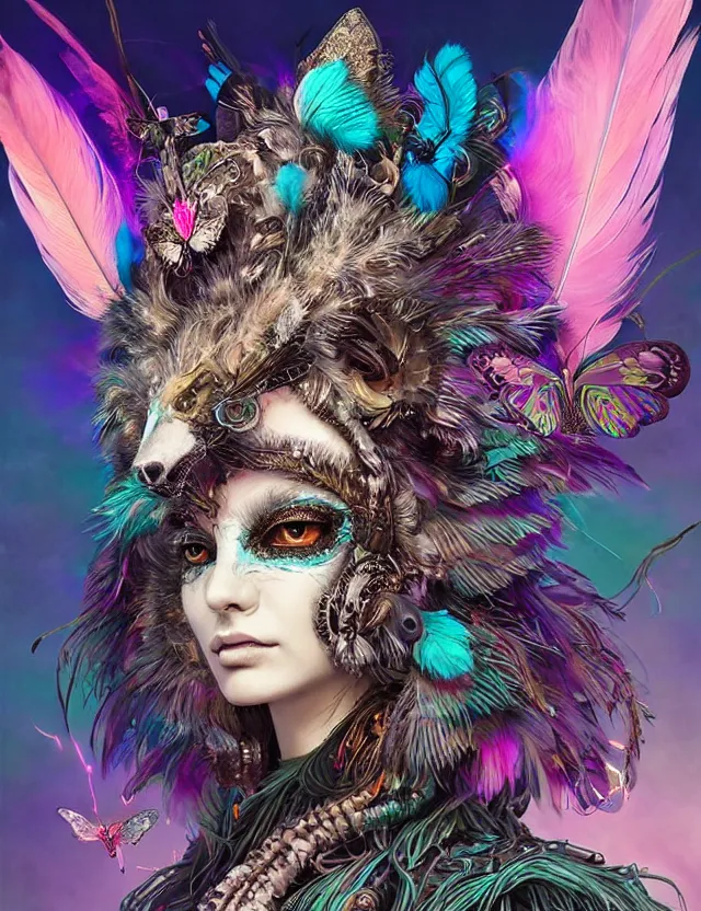 Prompt: 3 d goddess wide angle portrait with feathers, fur, and bones. beautiful intricately detailed avante garde wolf mask and retrowave sorceress outfit. vibrant butterflies, bio luminescent, mycelium, mushrooms, plasma, creature, artwork by tooth wu and android jones wlop and android jones and beetle and greg rutkowski