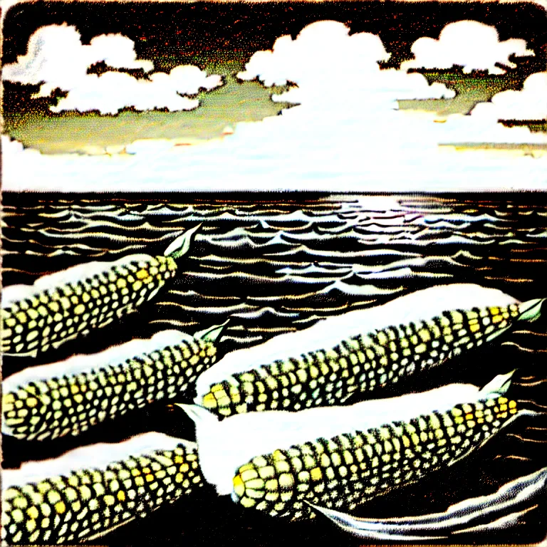 Prompt: corn floating in ocean, waves, tranquil, vintage country style, monochromatic, engraving, detailed