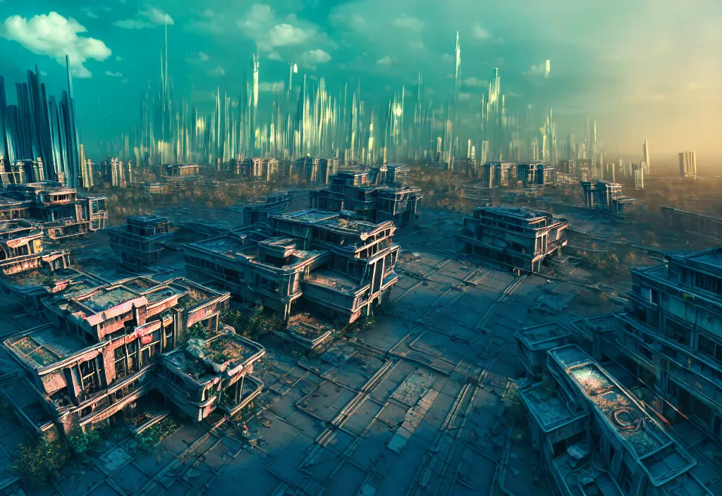 Image similar to A highly detailed crisp unreal engine render of aerial drone photo of A beautiful futuristic cyberpunk abandoned city building with neon, plants, perfect well made rainbow on the sky, sunlight breaking through clouds, debris on the ground, abandoned machines bright warm colors by wangchen-cg, 王琛,Neil blevins, artstation, Isometric japanese city, volumetrics, 3d render, octane render, Gediminas Pranckevicius