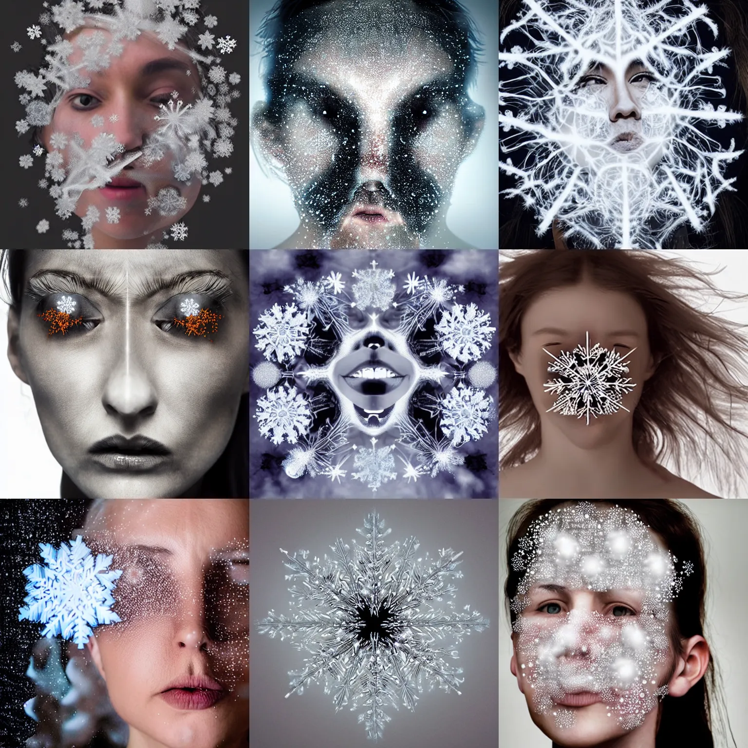 Prompt: surreal photography silk snowflake coalescing into a face