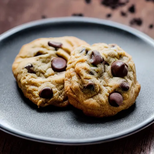 Prompt: a 5 0 mm macro shot of a chocolate chip and prawn cookie