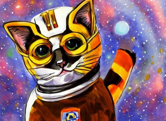 Prompt: painting of a cat dressed as an astronaut, cute, calico, stars, galaxies, planets, moons, stuido ghibli, gurren lagann