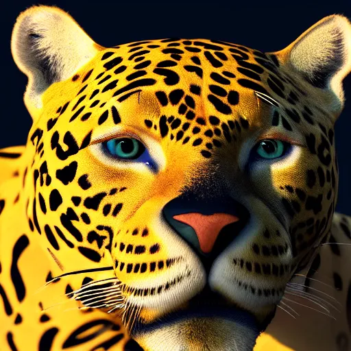 Image similar to golden jaguar with glowing blue eyes, octane render