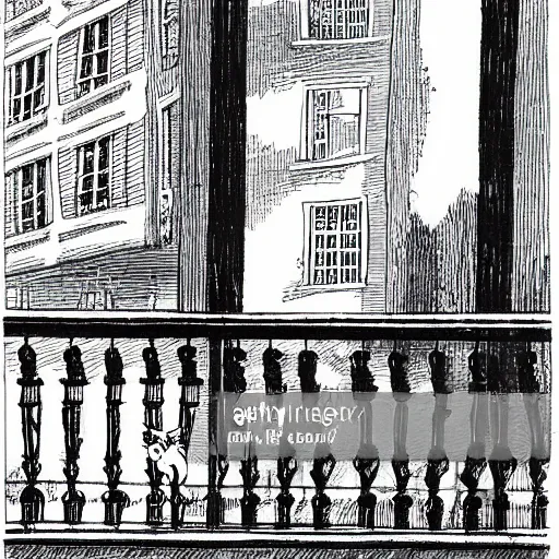 Image similar to a cat resting peacefully on a city balcony, old cartoon