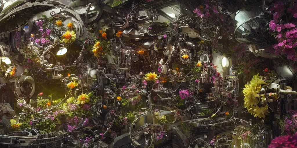 Image similar to a lovely mechanical cornucopia of flowers, sci-fi futuristic, utopian, machine parts, wires, circuits, highly detailed, octane render, cinematic