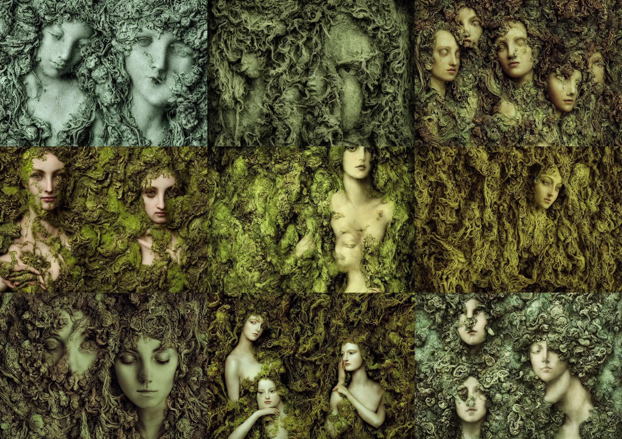Prompt: portrait of a beautiful fractal goddess, renaissance painting, complex and desaturated, moss and algae covering ancient relics