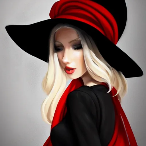 Prompt: beautiful woman in a black dress, full length photo, wearing a white hat and a red scarf, head bowed slightly, looking mischievously and mysteriously at the camera, wavy blond hair, knees upturned, very beautiful woman, 4k highly detailed, digital painting, artstation, concept art, matte, sharp focus, illustration, art by Artgerm and Greg Rutkowski and Alphonse Mucha