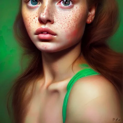 Image similar to beautiful hyperrealism hyperdetailed selfie of a cute young woman, long light bronze brown hair, flushed face, red blush, light freckles, puffy lips, soft features, emerald green eyes, 8 k, sharp focus, art by irakli nadar