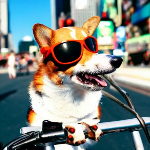 Prompt: A photo of a Corgi dog riding a bike in Times Square wearing sunglasses and beach hat, cinestill, 800t, 35mm, full-HD