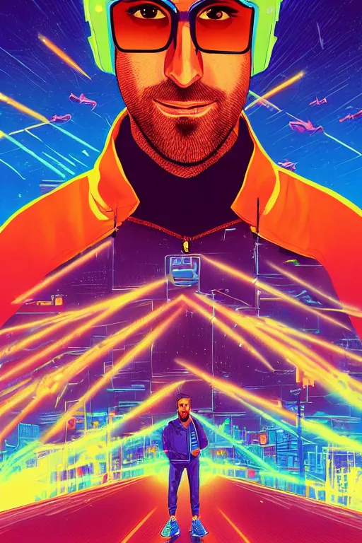 Image similar to a portrait of a Rayan Gosling with thunders in the sky in a future cybernetic city, outrun style and colours, trending on arstation, by dan mumford, by ross tran