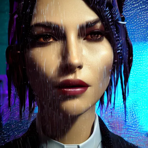 Image similar to stylish woman cartoon portrait made out of rain, pinstripe suit, cyberpunk background, rendered in octane, unreal engine, highly detailed, trending on artstation, realistic, neon, beautiful