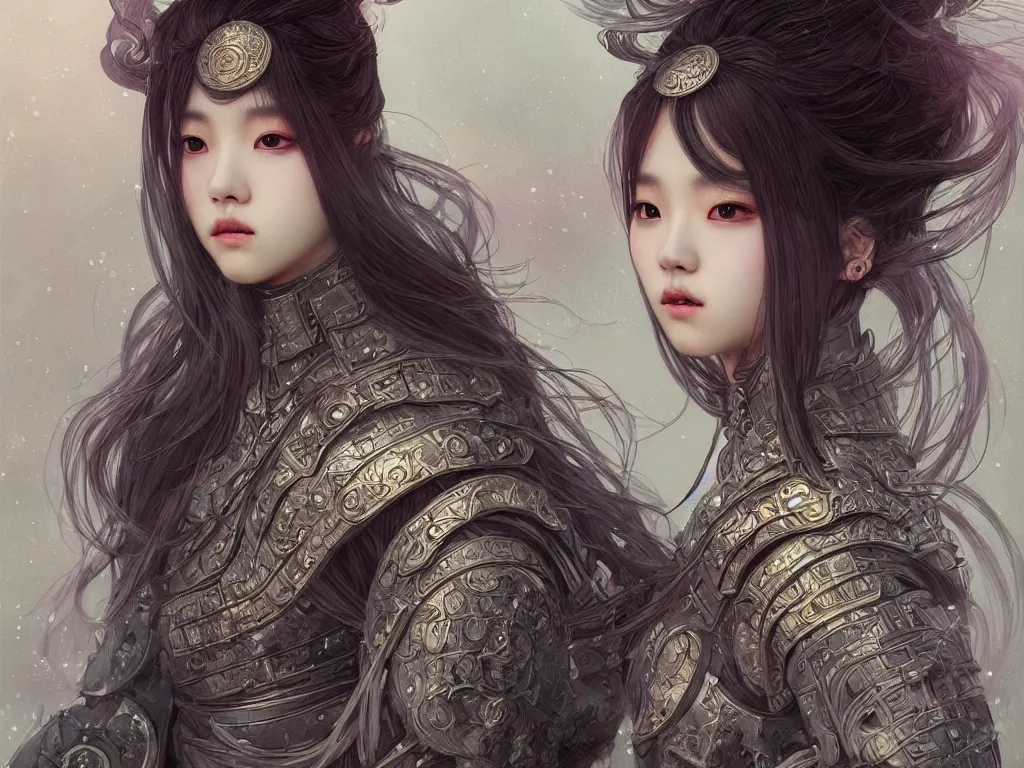 Image similar to portrait jisoo blackpink, grey hair armored samurai clothes, in fire japanese temple wet night, ssci - fi and fantasy, intricate and very very beautiful and elegant, highly detailed, digital painting, artstation, concept art, smooth and sharp focus, illustration, art by tian zi and wlop and alphonse mucha