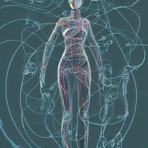 Image similar to a beautiful body of a pilot woman partially made of wires and electronic circuits, an ultrafine detailed illustration by james jean, final fantasy, intricate linework, bright colors, behance contest winner, vanitas, angular, altermodern, unreal engine 5 highly rendered, global illumination, radiant light, detailed and intricate environment