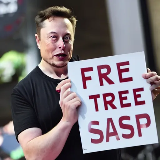 Image similar to Elon Musk holding a sign saying Free Teslas, highly detailed, high quality, HD, 4k, 8k, Canon 300mm, professional photographer, 40mp, lifelike, top-rated, award winning, realistic, sharp, no blur, edited, corrected, trending