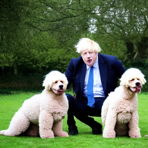 Prompt: Boris Johnson sitting with a group of poodles at a park.